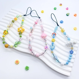 Handmade Colorful Beaded Phone Strap Acrylic Glass Beads Phone Chain Anti-loss Bag Charm For Women Girls Fruit Heart Rainbow