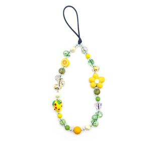 Handmade beaded phone strap with yellow flower and strawberry charms for summer style