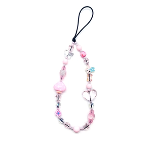Pink beaded phone charm with mushroom pendant and heart beads for women