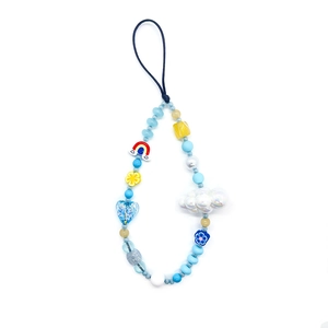Handmade beaded phone strap with blue beads, rainbow, cloud, and heart charms for women