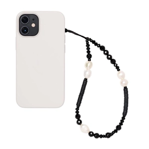 Minimalist white phone case with handmade black beads and irregular pearl lanyard accessory