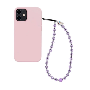 Pink silicone phone case with colorful acrylic crystal purple bead cat charm lanyard