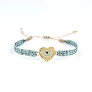 Bracelet tressé fait main avec pendentif cœur œil protecteur et cordon réglable