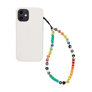 Rainbow beaded phone charm with evil eye and smiley faces on a white case