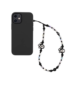 Detail of beaded phone strap with black butterfly charms and crystal beads on matte case