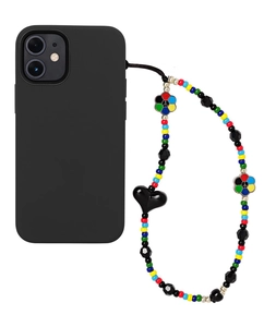 Detail of colorful beaded phone strap with heart charm and peace sign on black case