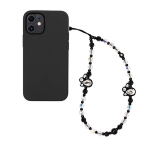 Beaded phone lanyard with faceted black crystal beads and rhinestone bunny charms