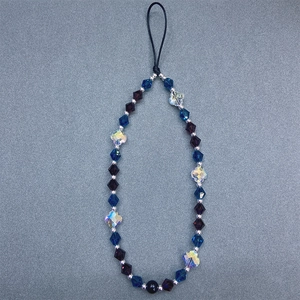Blue and purple rhombus crystal beaded phone strap with silver metallic beads