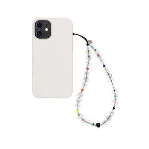 Minimalist handmade beaded phone charm with multi-color faceted crystals and silver tag
