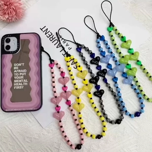 Acrylic Heart Beaded Phone Lanyard Striped Beads Multifunctional Wrist Strap Handmade Phone Chain Fashion Accessory Women