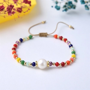 Rainbow gradient bead bracelet with freshwater pearl and adjustable cord for women