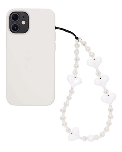 Handmade white acrylic heart beaded phone strap with iridescent round beads on white background