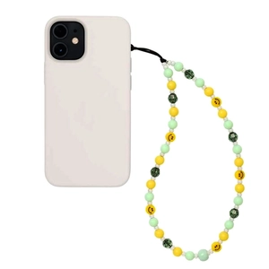 Handmade Beaded Phone Chain Mint Green Yellow Smiley Face Acrylic Crystal Anti-Lost Wrist Strap Lanyard Keychain Decor Women