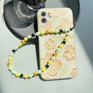Mint green and yellow smiley face beaded phone charm wrist strap for accessories