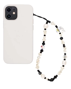 Skull charm phone lanyard with white baroque pearls and rainbow faceted crystal beads