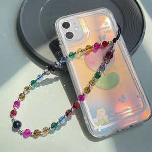 Holographic tulip phone case with colorful faceted crystal bead wrist strap and silver accents