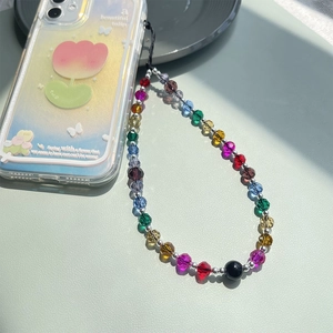 Vibrant colorful crystal beaded phone lanyard with multi-faceted transparent beads and metal spacers
