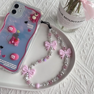 Dragonne de téléphone avec nœud rose, perles blanches et coque dégradée violette