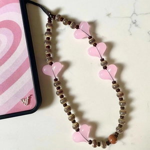 Chaîne de Téléphone en Perles de Cœur en Gelée Acrylique Rose Douce pour Femmes Dragonne de Poignet Anti-perte en Cristal Faite à la Main Bijoux