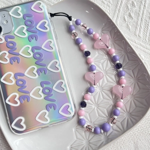 Lanière de Téléphone à Perles Style Coréen Cœur Rose Violet Perles en Acrylique Cristal Verre Chaîne de Poignet pour Femme
