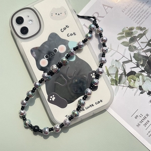 Bohemian iridescent volcanic rock beaded phone strap with cute cat pattern iPhone case