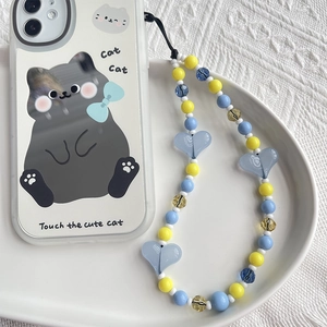 Dragonne de téléphone en perles coeur rose avec coque motif chat mignon pour femmes