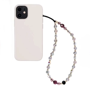 Chic multi-color beaded phone lanyard with a cream silicone case on white background