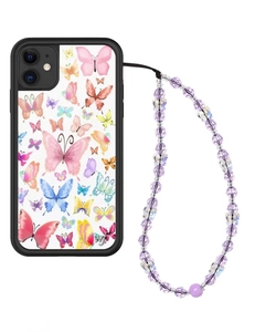 Detailed close-up of colorful butterfly patterns on phone case with purple beaded charm strap