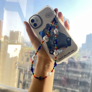 Colorful beaded phone lanyard with imitation pearls and cute cat pattern transparent case
