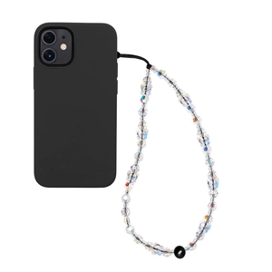 Detail of beaded mobile phone strap with faceted crystal beads and black silicone case