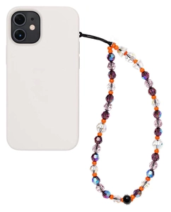 Handmade colorful crystal beaded phone charm strap with purple and orange accents on a case