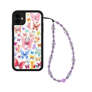 Lavender butterfly beaded phone strap with colorful butterfly patterned protective case