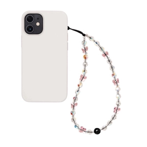 Handmade beaded phone strap with clear crystals and pink butterfly charm on white case