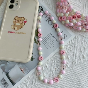Pink floral smiley bead phone charm with a cute bear pattern white phone case set