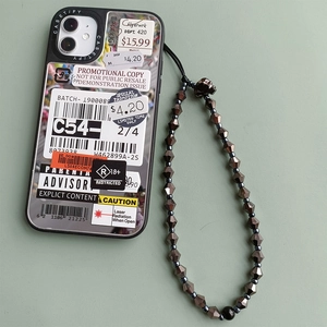 Industrial style phone case with barcode labels and dark grey beaded wrist strap