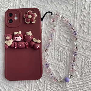Sweet burgundy phone case with 3D cartoon charms and colorful heart beaded lanyard
