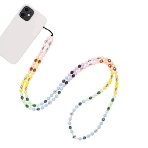 Detailed view of colorful frosted bead phone strap with RING engraved silver bead