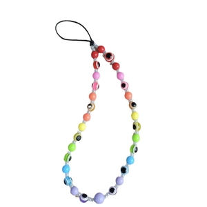 Rainbow gradient bead phone strap featuring colorful evil eye charms on white background