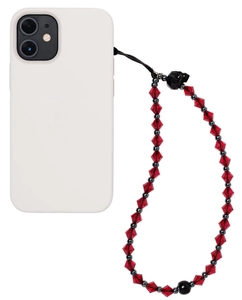 Macro shot of beaded phone lanyard featuring crystal beads and black skull charm