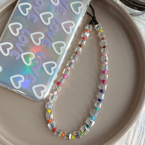 Handmade Rainbow Crystal Glass Beaded Phone Strap Square Beads Anti-Lost Lanyard For Women Men Keychain Tech Accessories