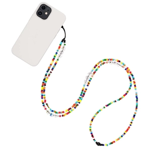 Colorful beaded phone strap with vibrant glass seed beads and clear crystal accents