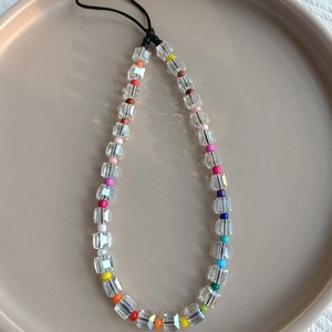 Rainbow crystal phone lanyard with colorful glass beads and transparent cube charms