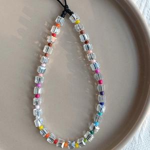 Colorful sugar cube crystal phone strap with rainbow glass seed beads lanyard charm