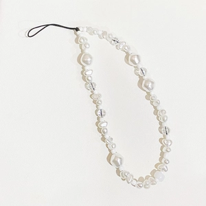 Elegant beaded mobile phone charm featuring white faux pearls and clear faceted beads