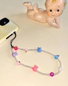 Handmade beaded phone strap with cute acrylic rabbit charms and colorful resin accessories