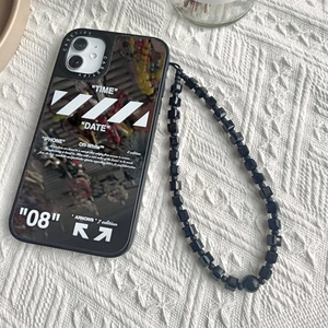 Minimalist black mirror phone case for iPhone with geometric beads lanyard and arrow patterns