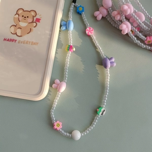 Bohemian style beaded phone lanyard with cute acrylic rabbit heads and white pearls