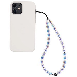 Minimalist white phone case with iridescent crystal beaded wrist strap for iPhone