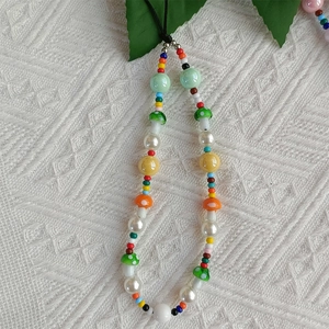 Colorful Bohemian acrylic beaded phone lanyard with green mushroom and pearls