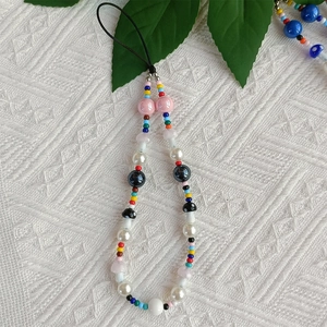 Bohemian colorful beaded phone charm with mushroom pendant and acrylic pearls